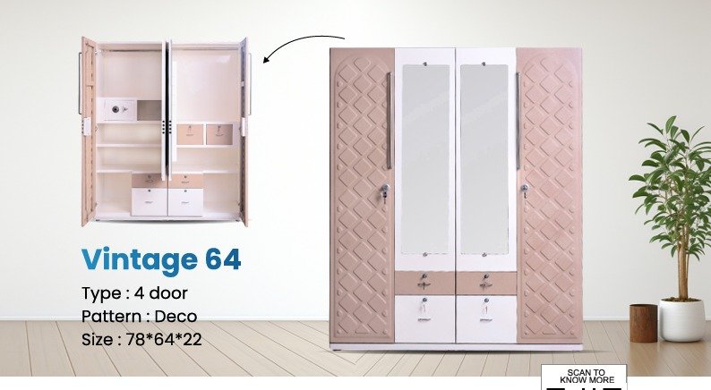 Vintage 64 4 Door Steel Almirah with Mirror