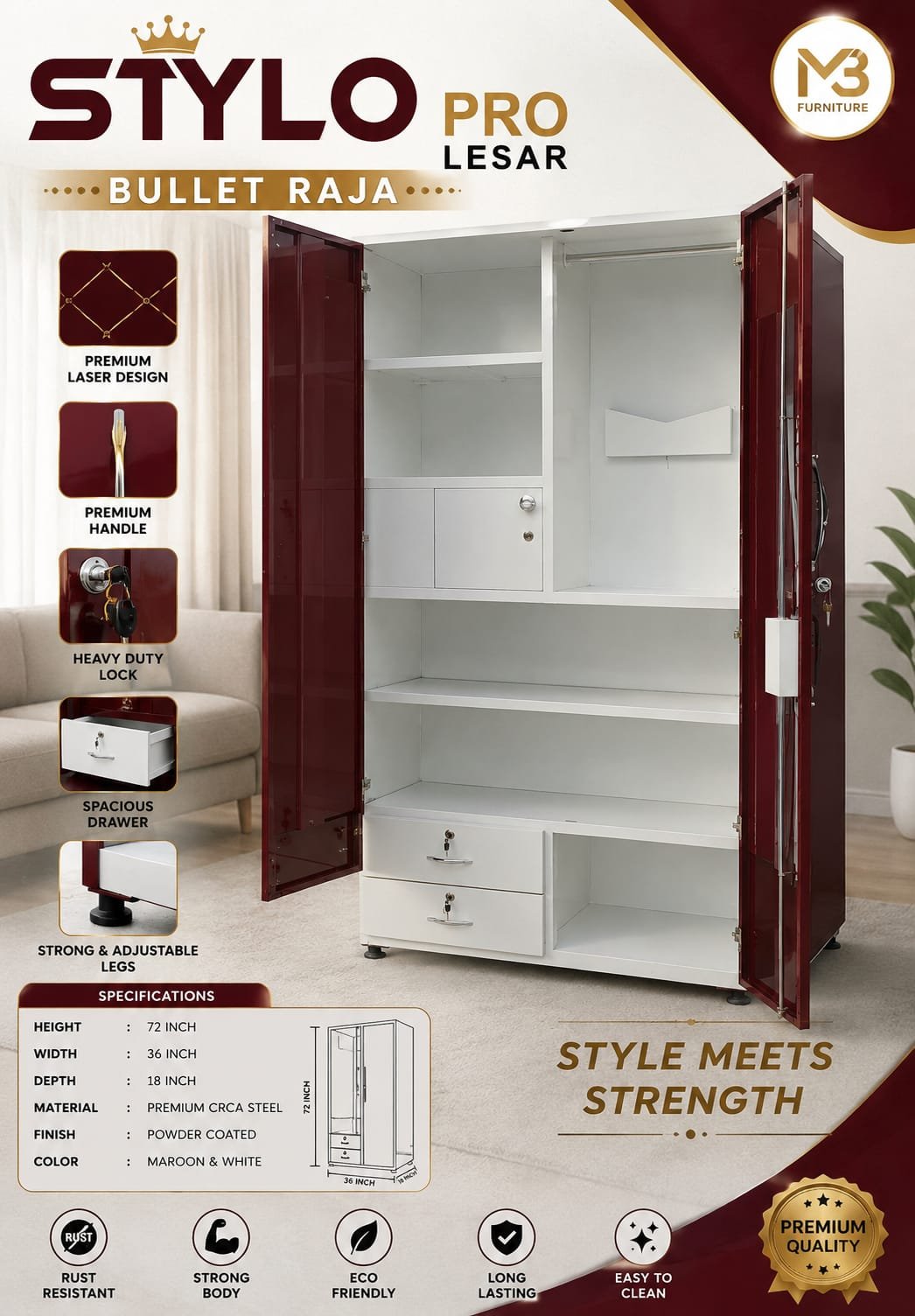 STYLO PRO LESAR Bullet Raja Steel Wardrobe | Premium CRCA Steel Almirah | 72 x 36 x 18 Inch | Maroon & White