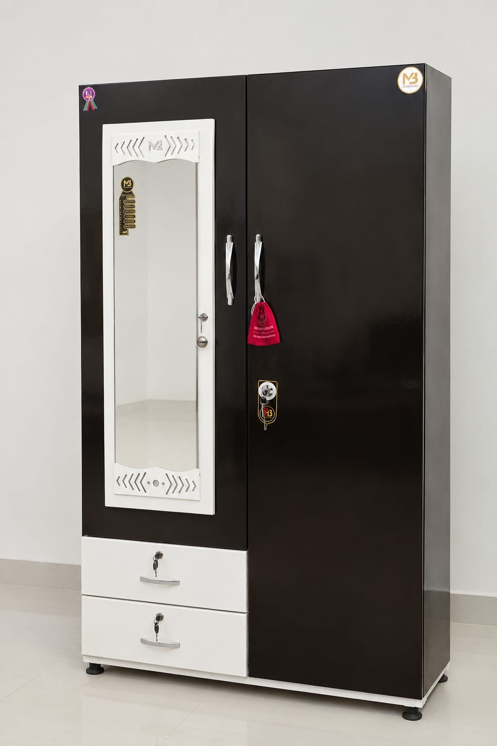 M3 Interior Premium Steel Wardrobe with Mirror | 2 Door Almirah with 2 Drawers | Black & White